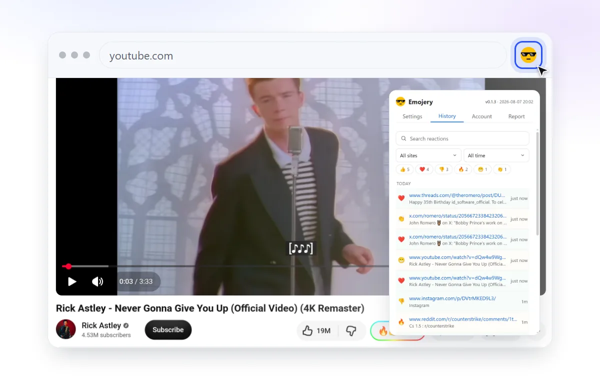 The Emojery popup opened from the browser toolbar, showing your reaction history