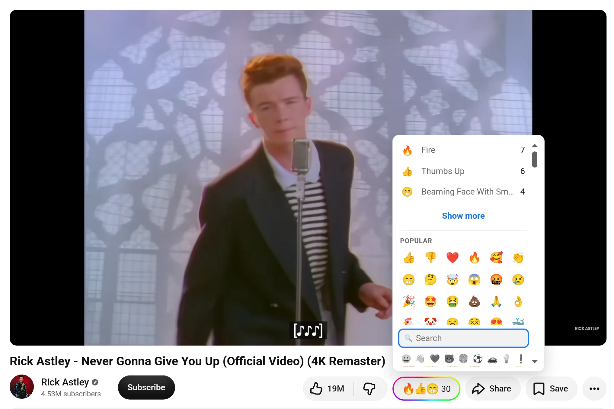 The Emojery picker open on a YouTube video, listing the top reactions with counts