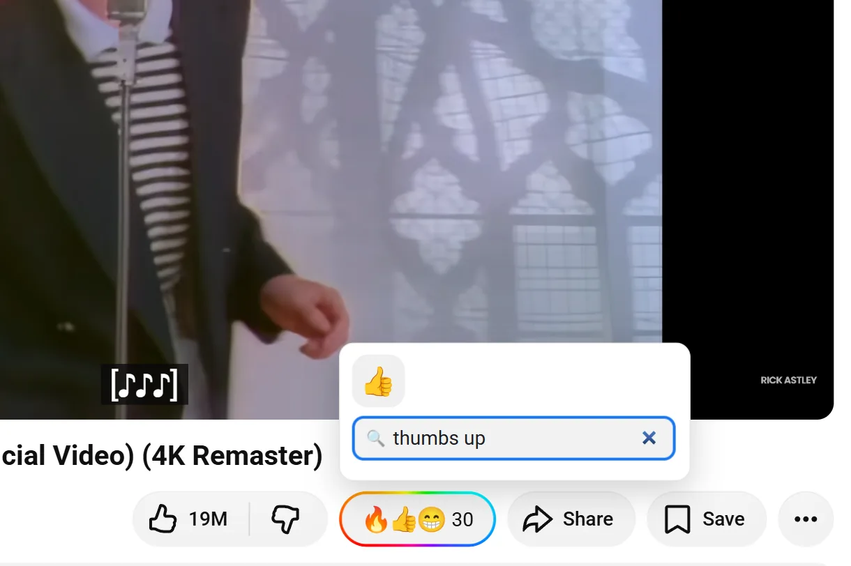 Searching the picker for “thumbs up” and hovering the 👍 reaction, about to add it