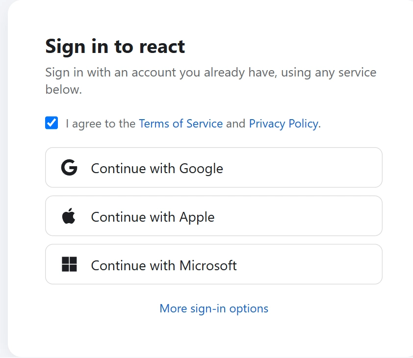The Emojery sign-in card: a consent checkbox, then Continue with Google, Apple and Microsoft, with a More sign-in options link under them