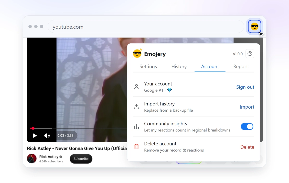 The Emojery popup's Account tab, offering Sign out and Delete account