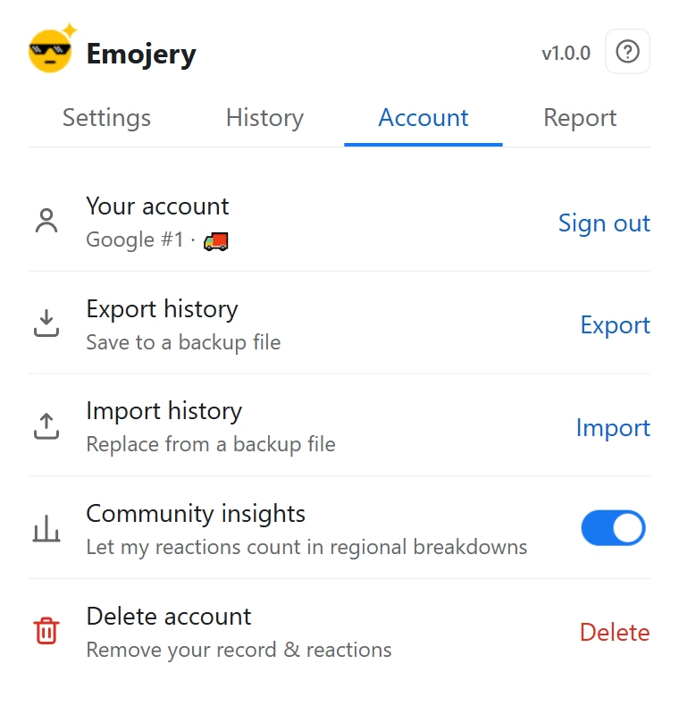The Emojery popup Account tab showing Export history and Import history rows