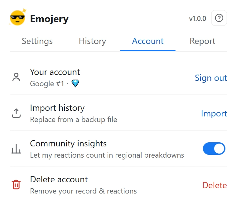 The Emojery popup Account tab, with Sign out, Import history, Community insights and Delete account