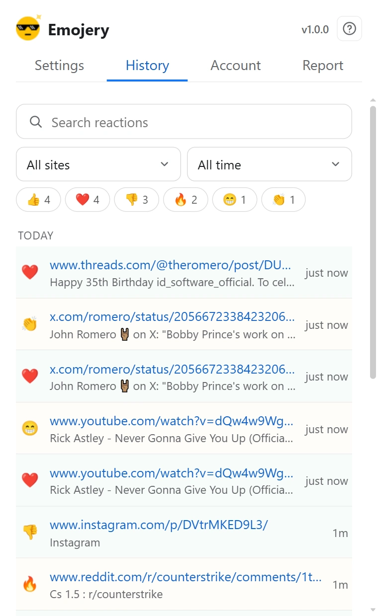 The Emojery popup History tab: a search box, a site filter, a date filter, a row of emoji counts, and the reactions listed newest first