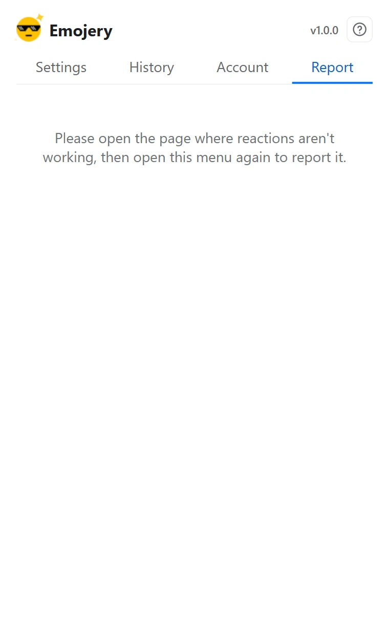 The Emojery popup Report tab, showing the page being reported and a box for the note