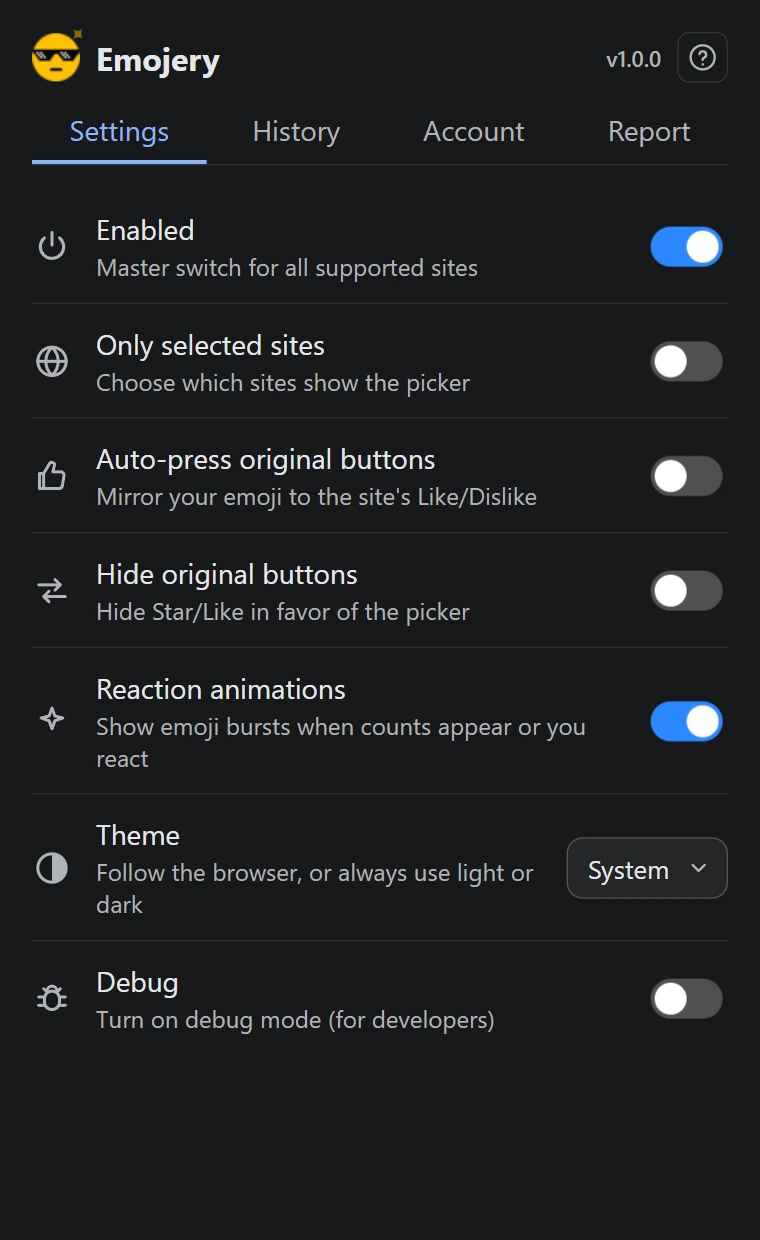 The Emojery popup Settings tab, with the Theme row set to System (dark mode)