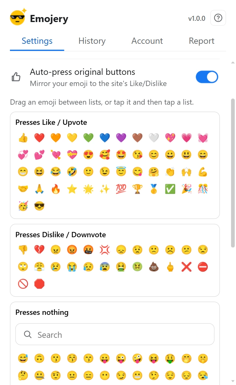 The Emojery popup with Auto-press original buttons switched on, above the 3 emoji lists it reveals