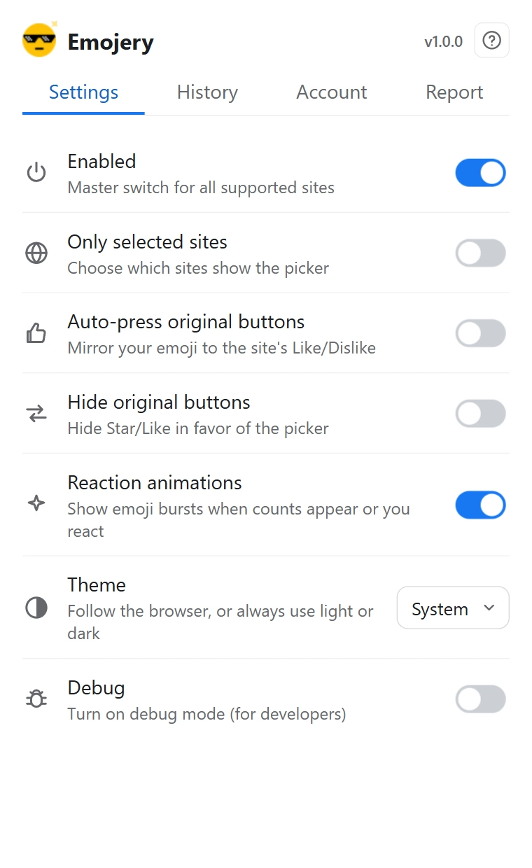 The Emojery popup Settings tab, with the Theme row set to System (light mode)
