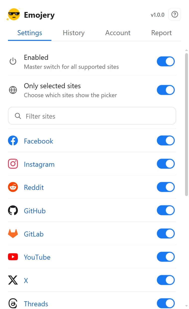 The Emojery popup with Only selected sites switched on, showing a filter box and one toggle per supported site