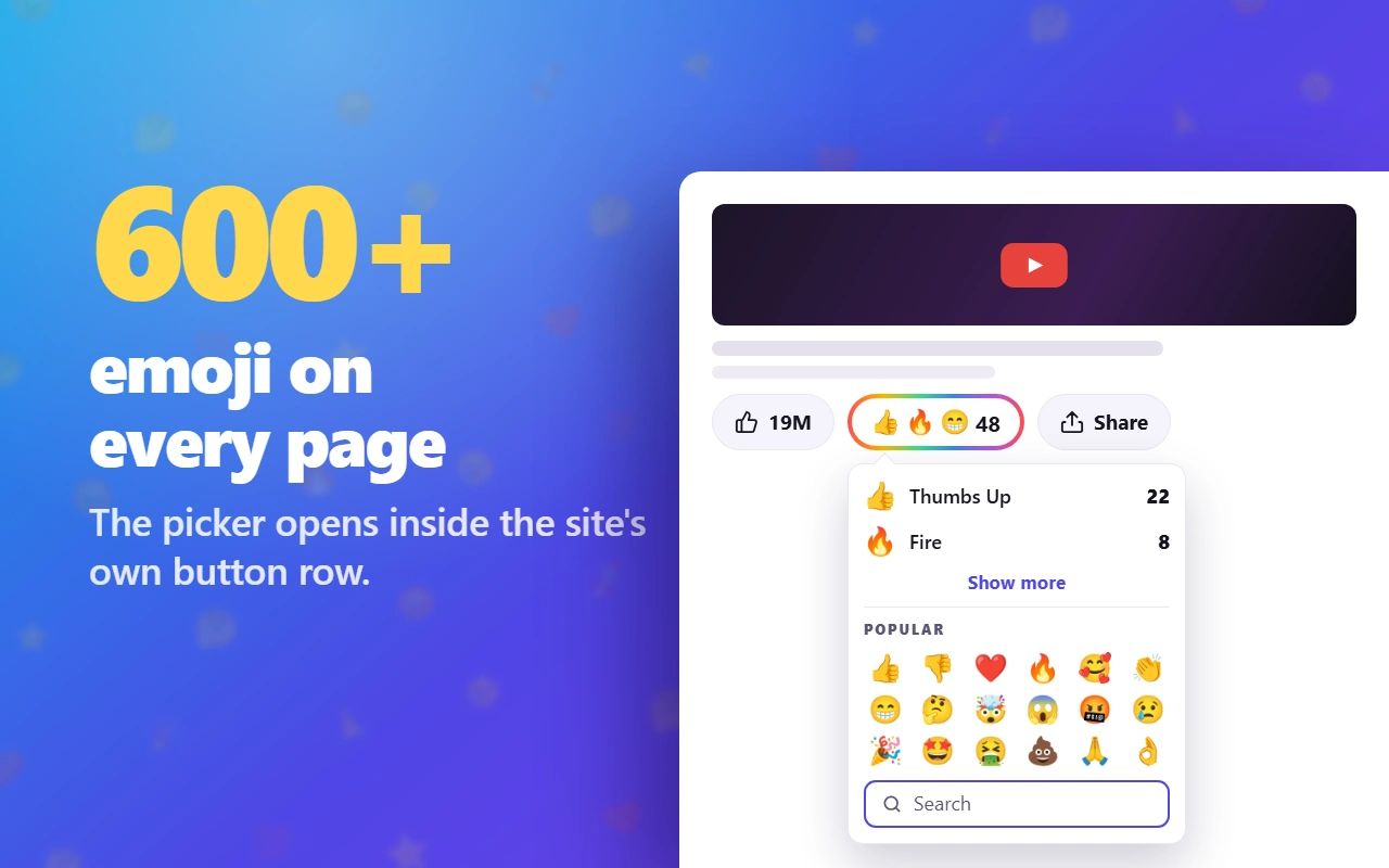The picker open under the reaction button, which sits in the page's own action row next to Like: current counts on top, the popular emoji grid below.