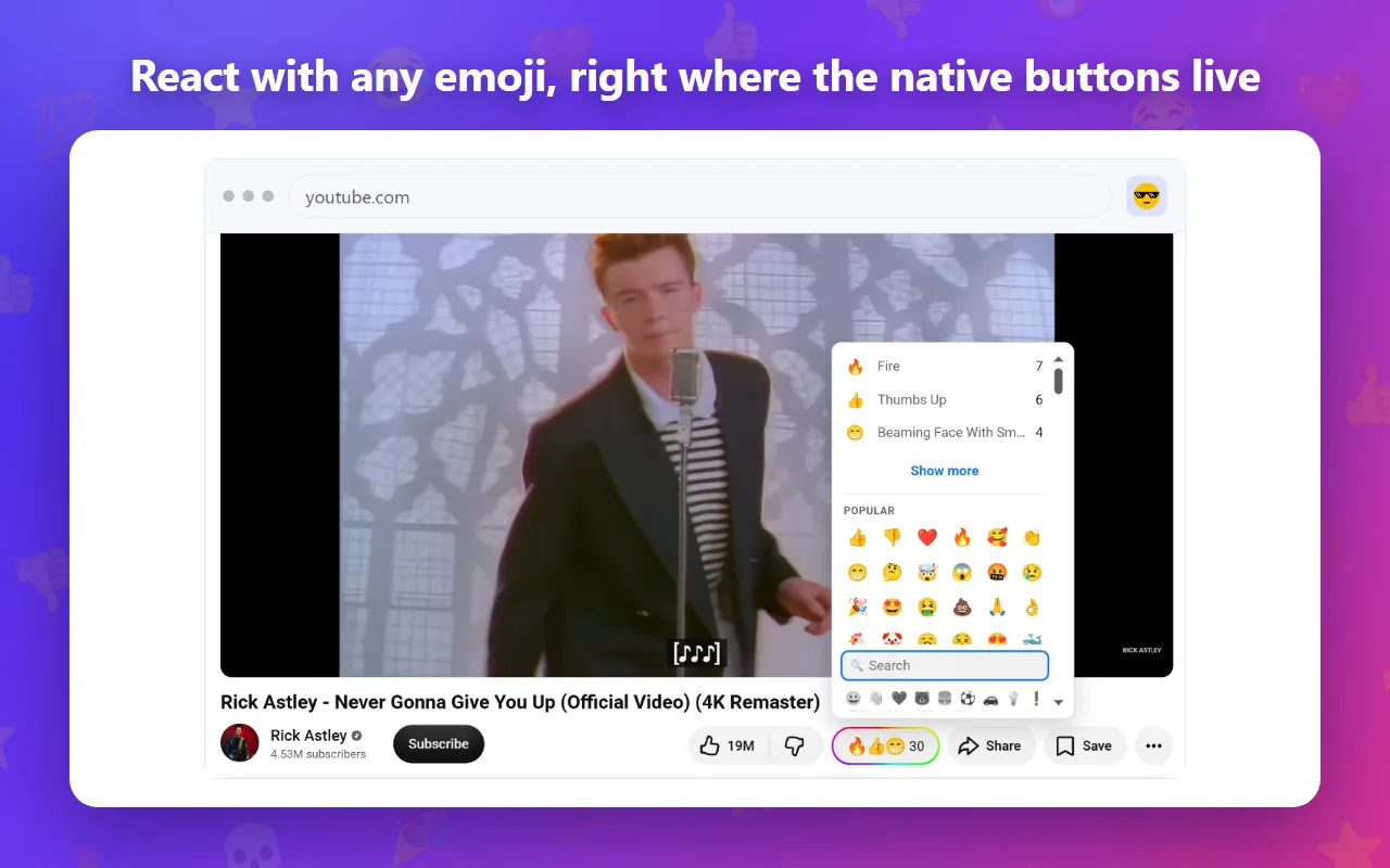 The picker open on a YouTube video: current counts, the popular emoji grid, and the reaction pill sitting in the action row next to Like.