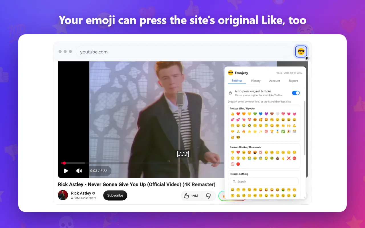 The extension popup, showing which emoji press the site's own Like or Dislike and which press nothing.
