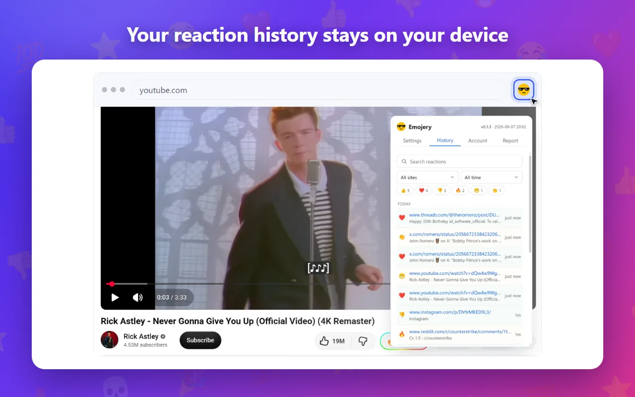 The history tab in the popup: every reaction you left, searchable and filterable by site and date.